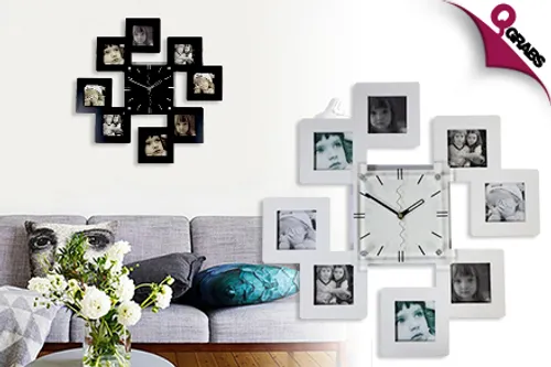 From QR89, Tell Time & Stories with a Wall Clock surrounded by Photo Frames - Choose from Black or White Clocks! (Up to QR560 Value)